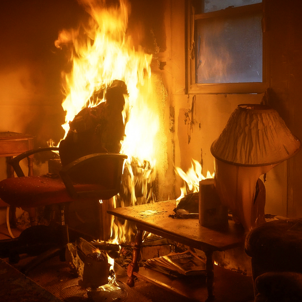 Flames engulfing items in the room of a home